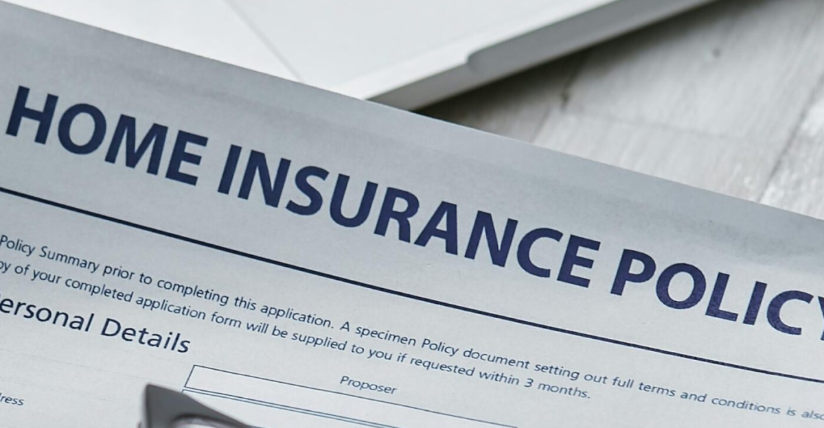 Close-up of home insurance policy document with glasses and laptop on a table.