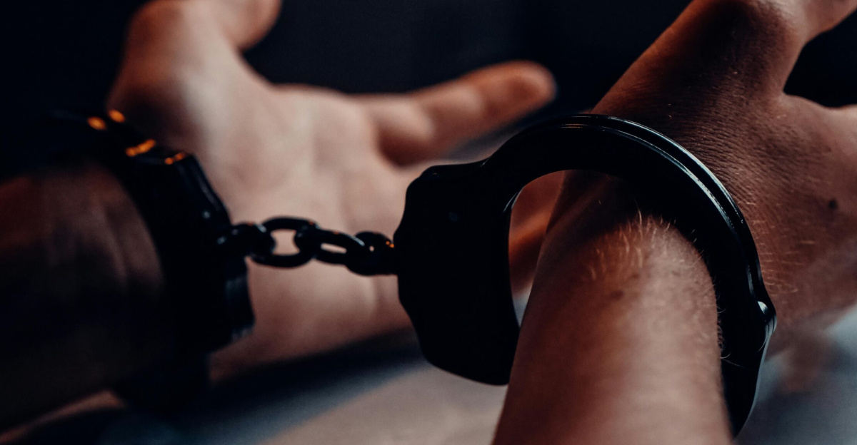 A close-up of human hands handcuffed on a table with a dark background, depicting law enforcement themes.