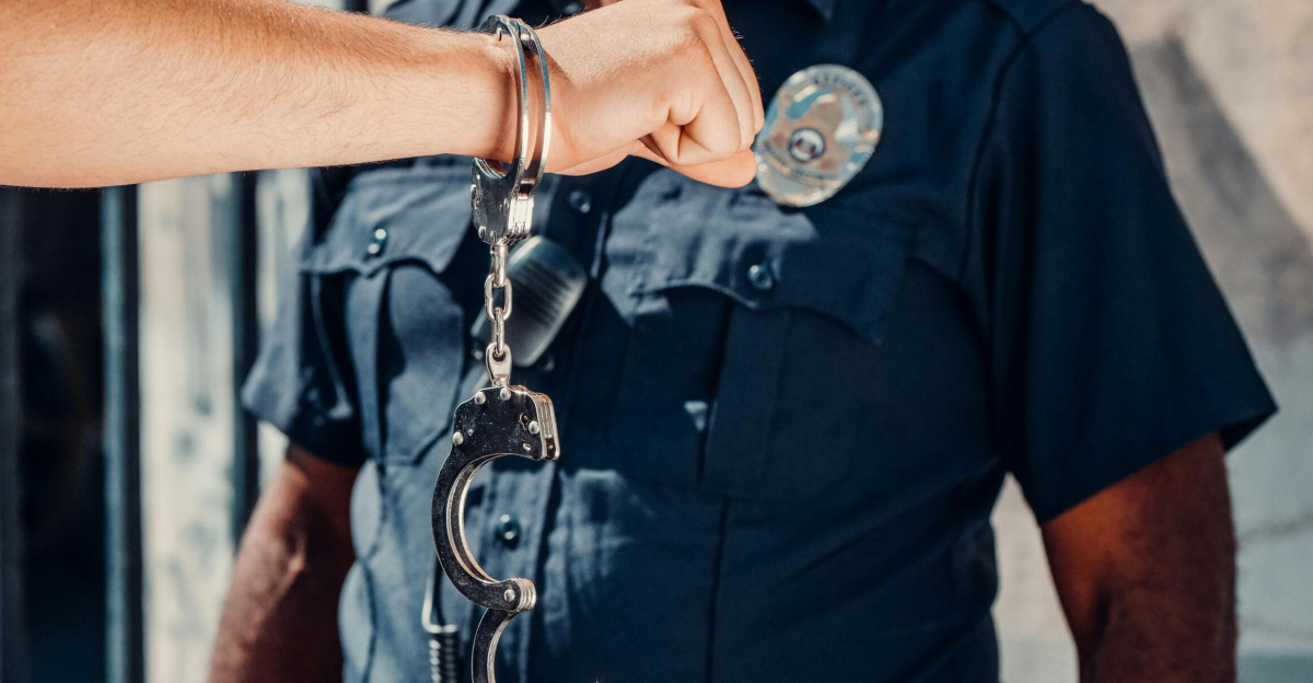 A police officer in uniform holds open handcuffs outdoors, clear authority symbol.