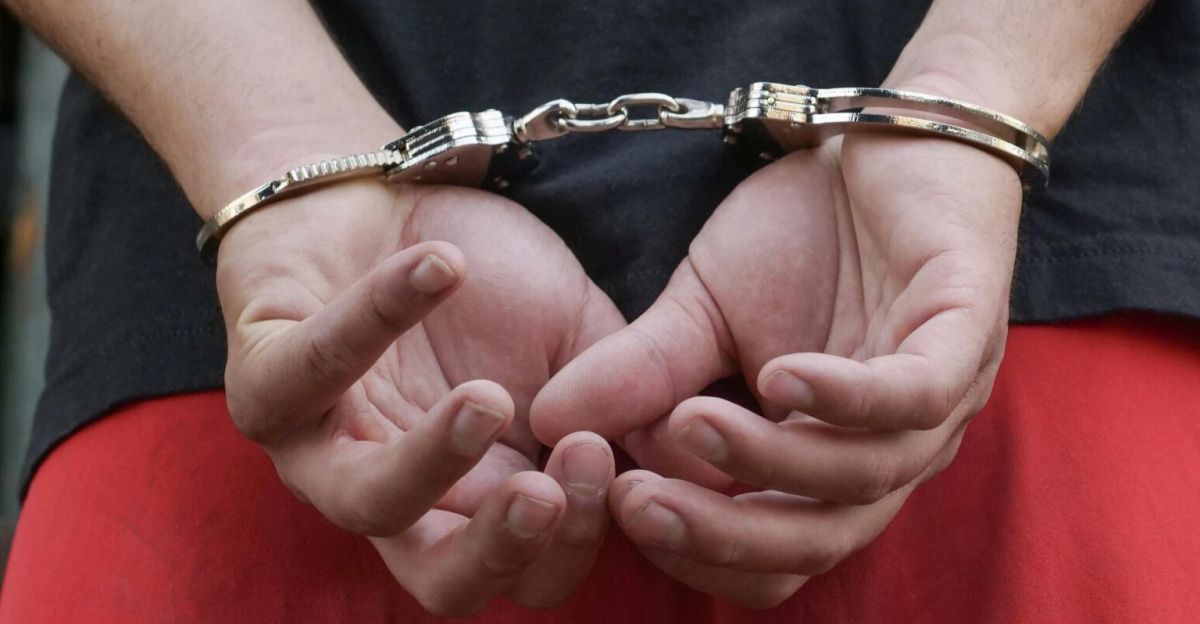 Close-up of a person in handcuffs, viewed from behind, wearing red pants and a black shirt.