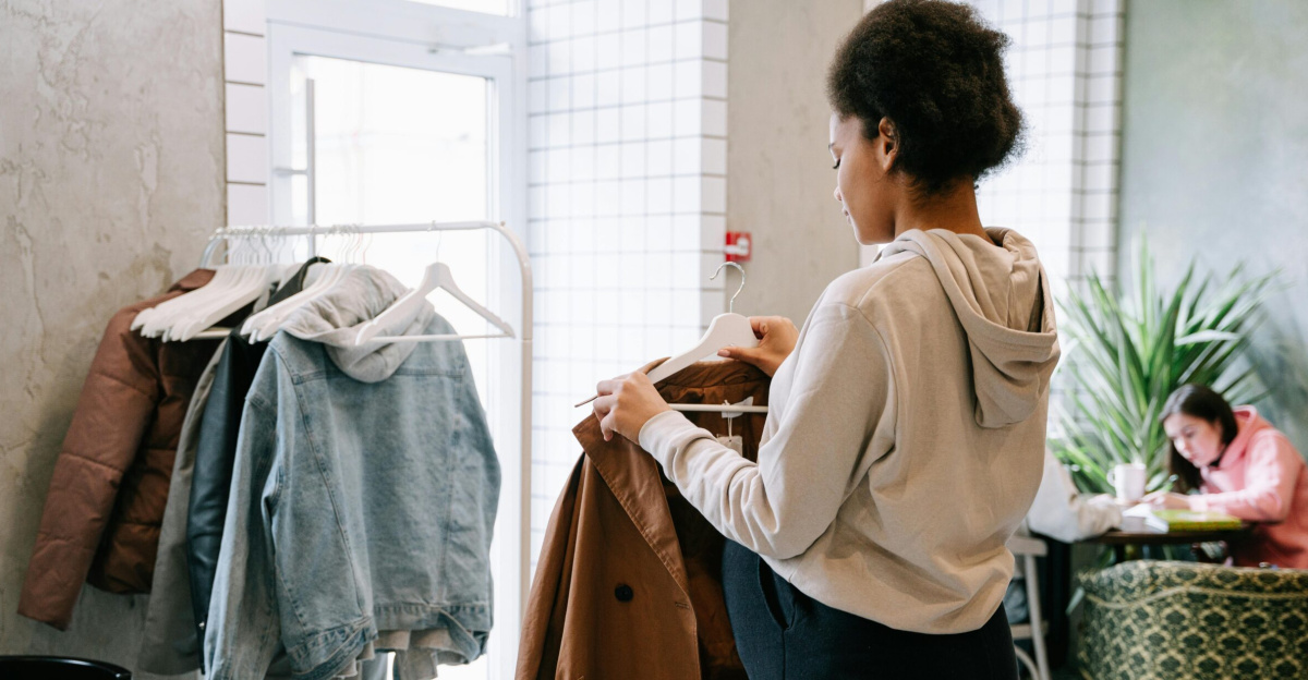 A woman browsing coats indoors, creating a cozy shopping atmosphere.