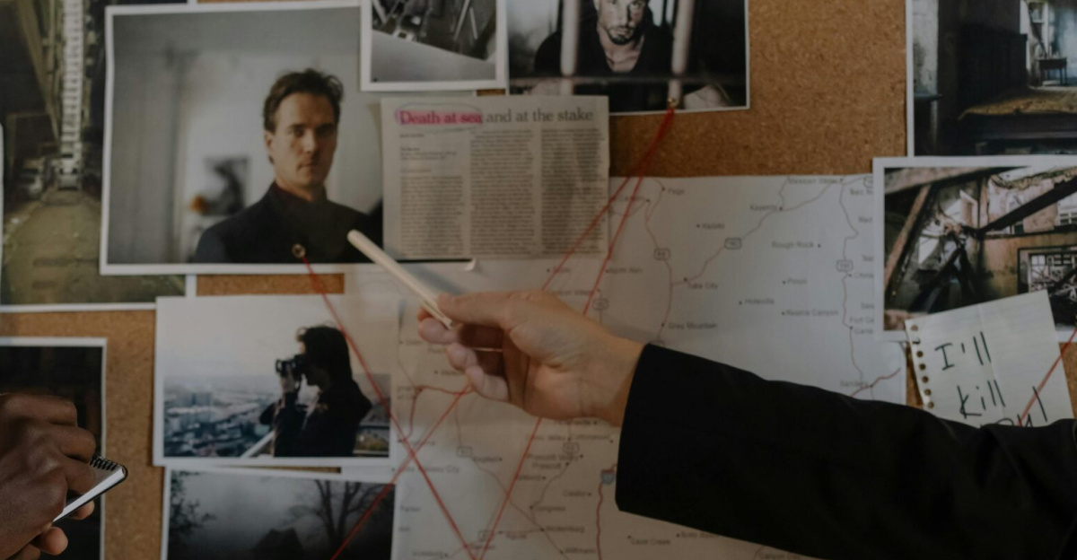 Two detectives analyze a crime board filled with photos, maps, and notes for an investigation.