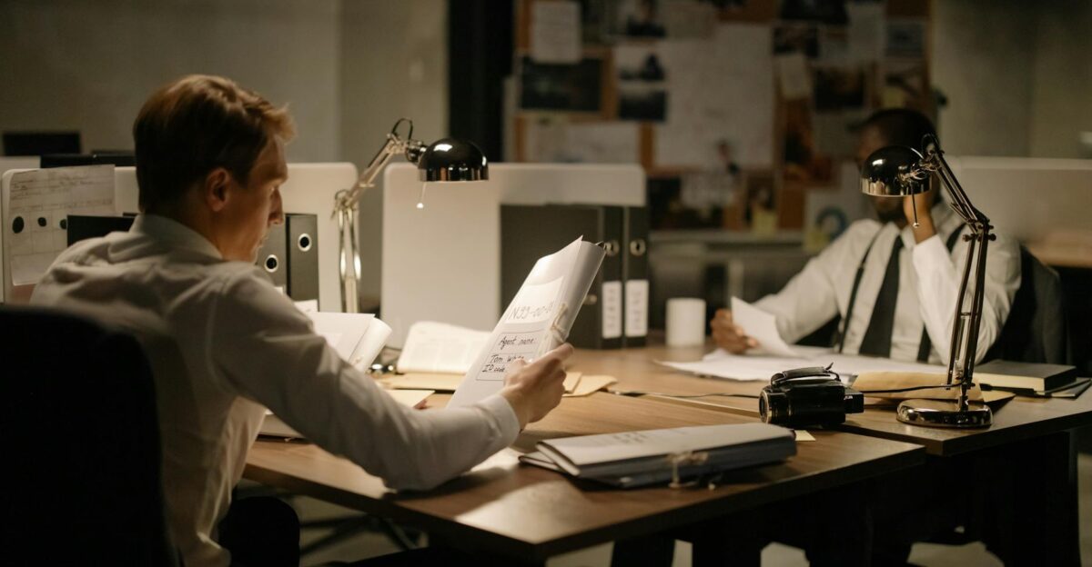 Two detectives analyzing documents in an office setting under dim lighting focusing on investigation