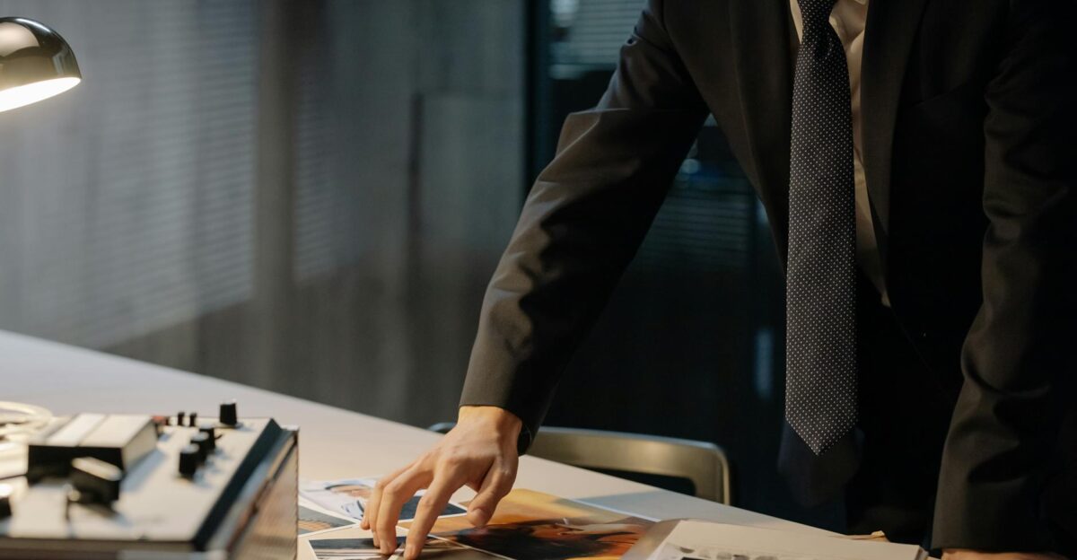 Investigator reviewing evidence photos during a night investigation in an office setting
