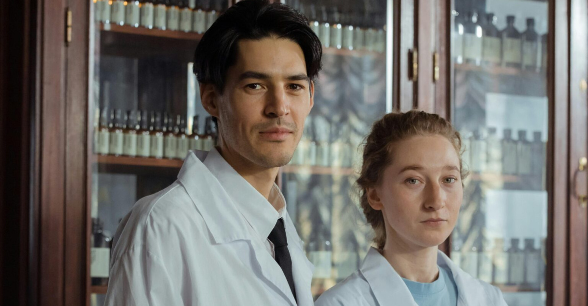 Two pharmacists in white gowns stand in an antique pharmacy with vintage cabinets.