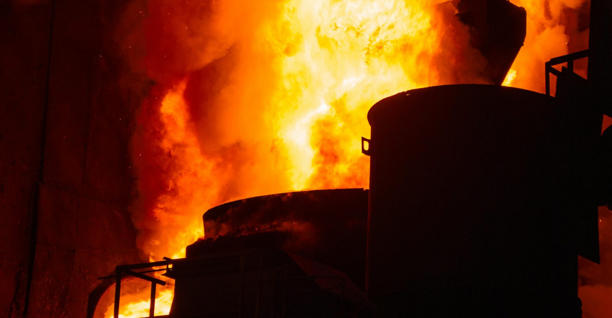 Dramatic image of a blazing industrial furnace with intense flames.