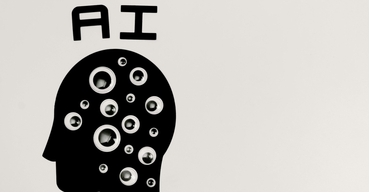 Abstract illustration of AI with silhouette head full of eyes, symbolizing observation and technology.