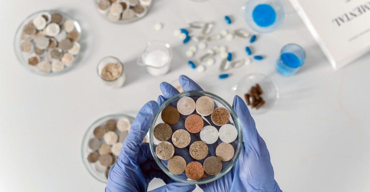 Scientist with gloves examining various soil samples in petri dishes on a clean white background