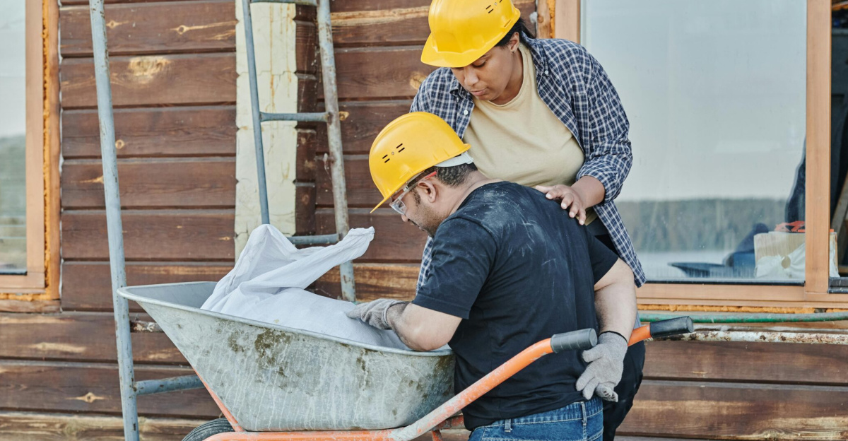 A construction worker receiving help while kneeling with a wheelbarrow on a job site.