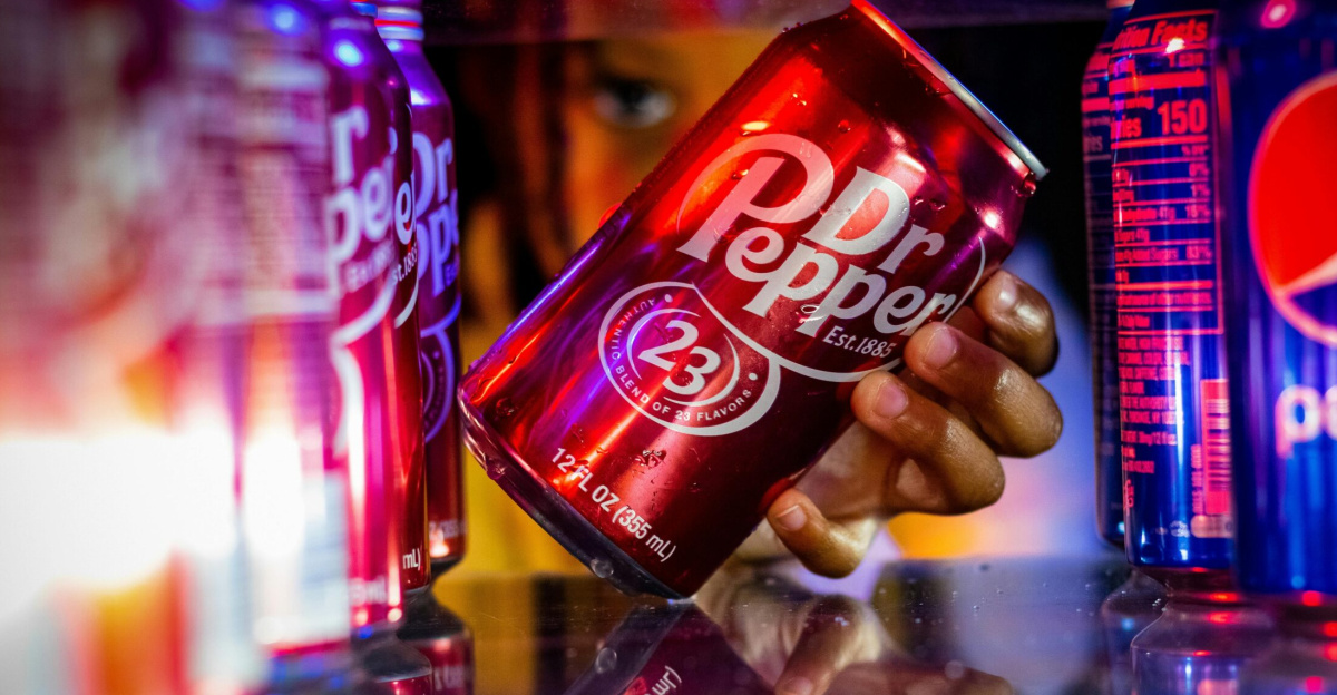 Close-up of a hand taking a Dr Pepper can from a refrigerator with colorful reflections.