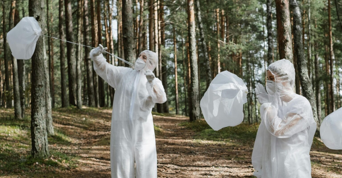 Three scientists in protective suits study environmental conditions in a forest.