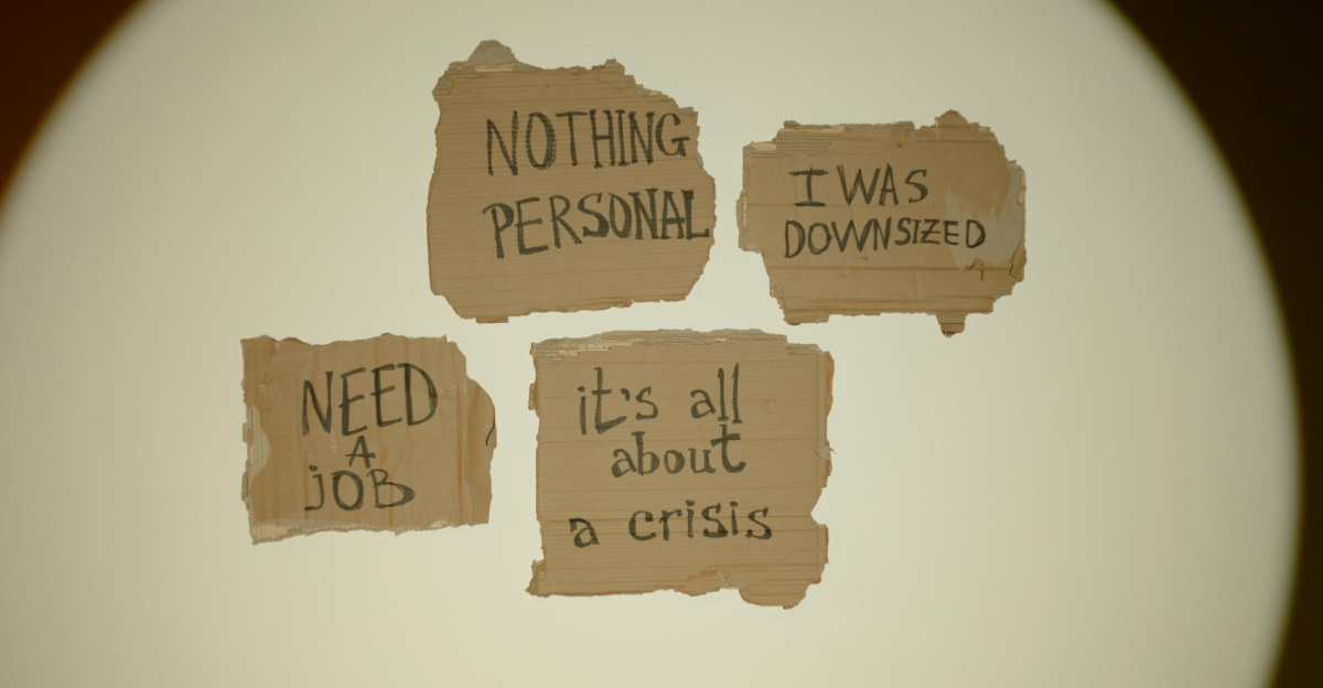 Cardboard signs convey job loss and economic crisis message, ideal for articles on unemployment.