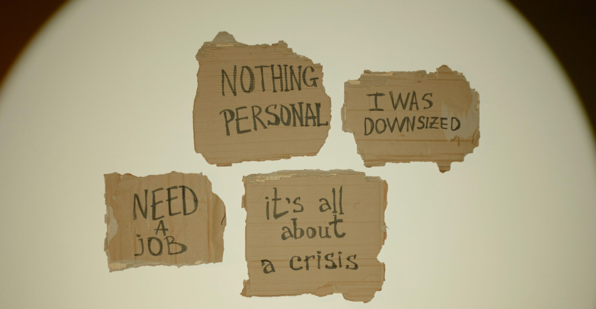 Cardboard signs convey job loss and economic crisis message, ideal for articles on unemployment.