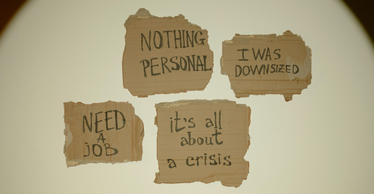 Cardboard signs convey job loss and economic crisis message, ideal for articles on unemployment.