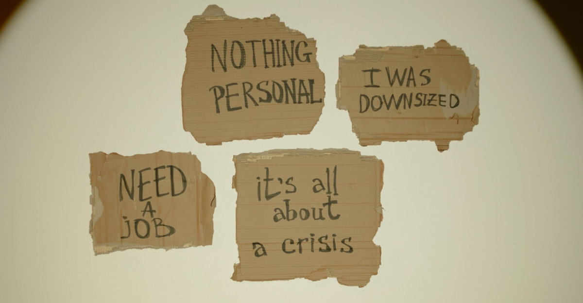 Cardboard signs convey job loss and economic crisis message, ideal for articles on unemployment.