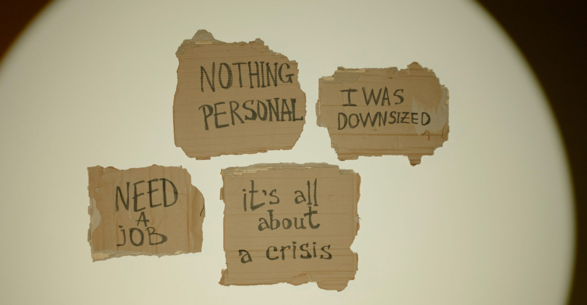 Cardboard signs convey job loss and economic crisis message, ideal for articles on unemployment.