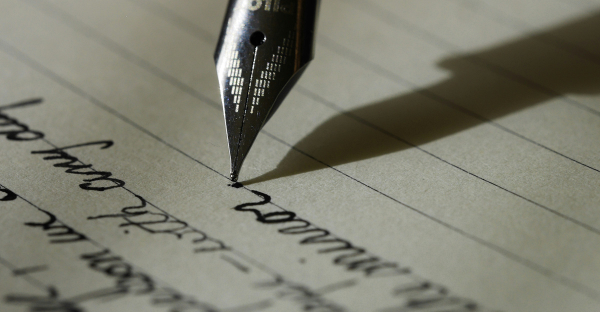 fountain pen on black lined paper