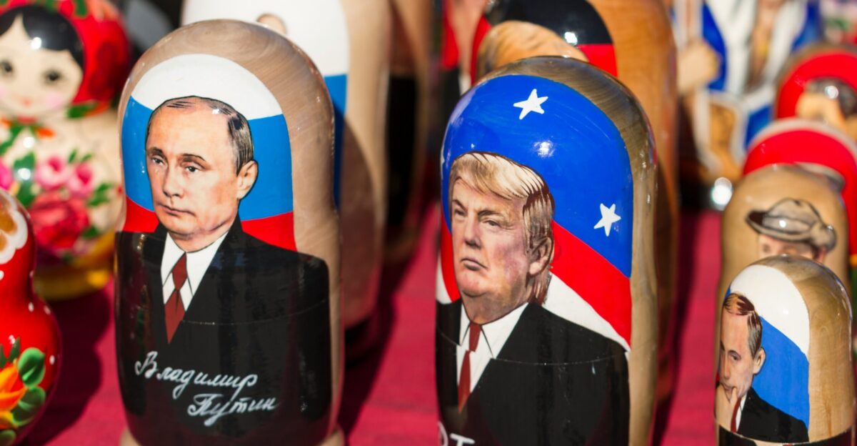 Donald Trump nesting dolls on red textile