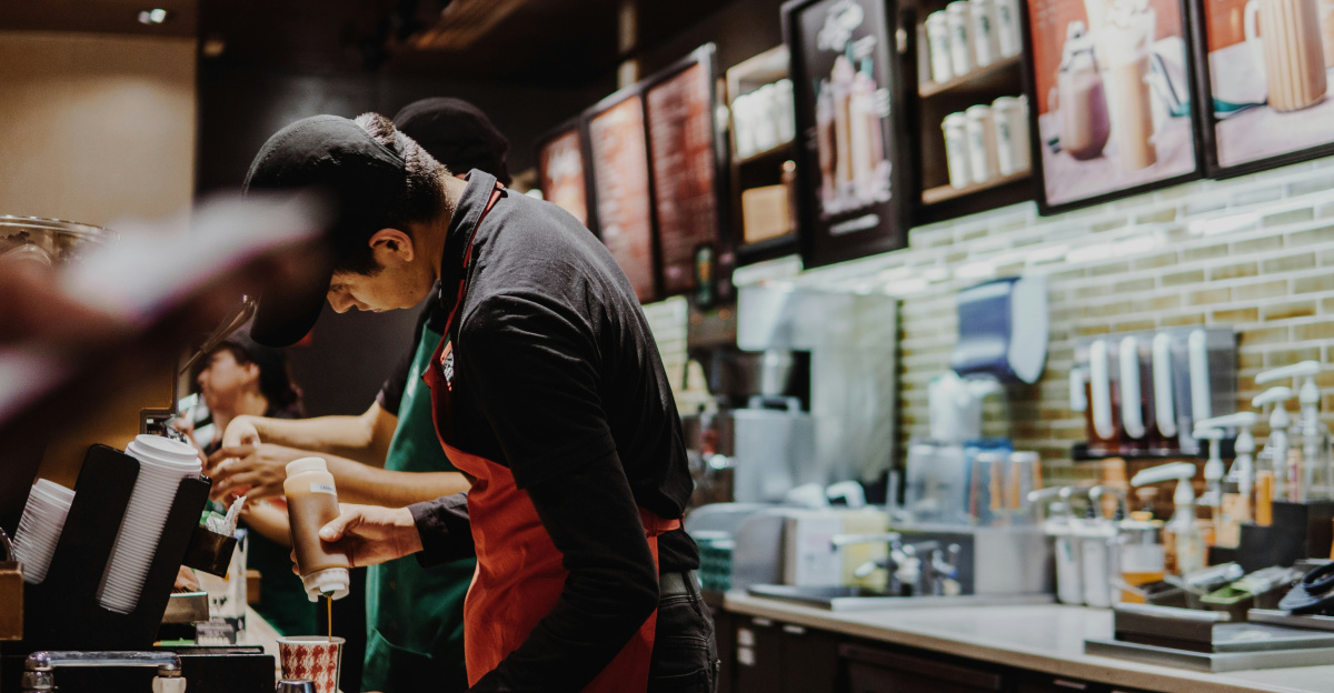 two person standing on fastfood desk