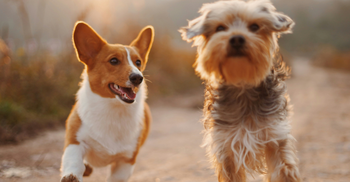 two brown and white dogs running dirt road during daytime