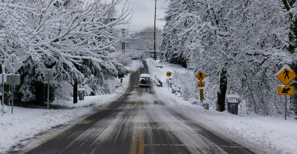 vehicle passing road between snow covered trees during daytime