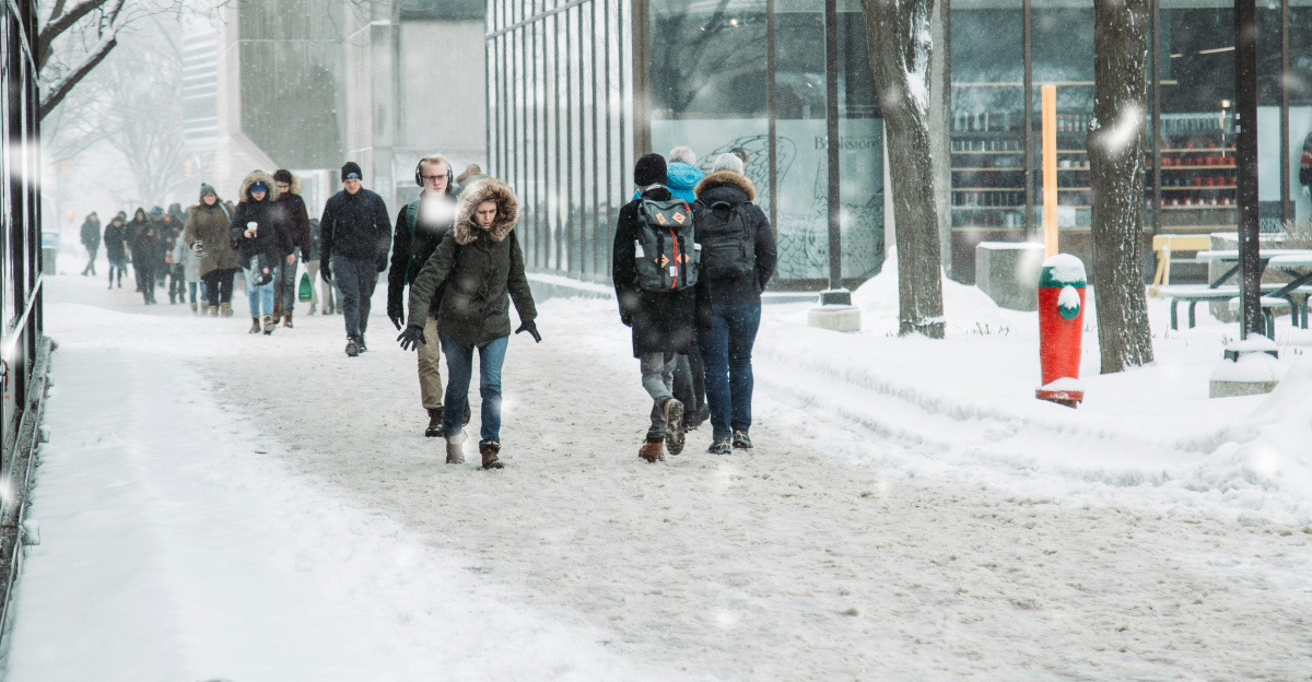 people walking on snowfield near building