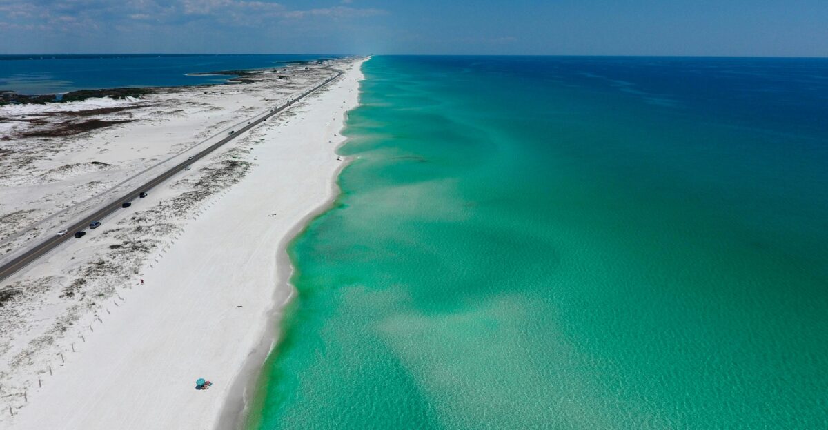 aerial view of seashore across horizon
