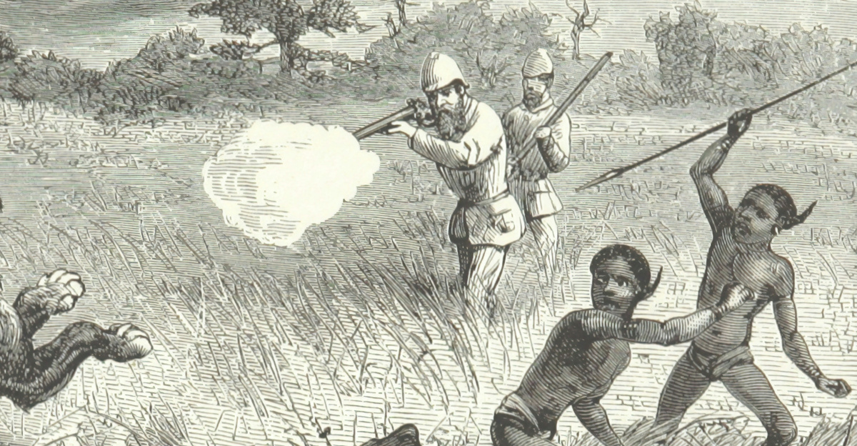 people hunting tiger charcoal painting