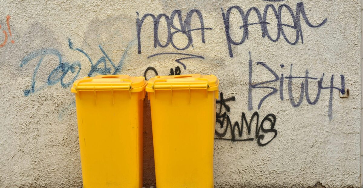 yellow trash bin beside white wall