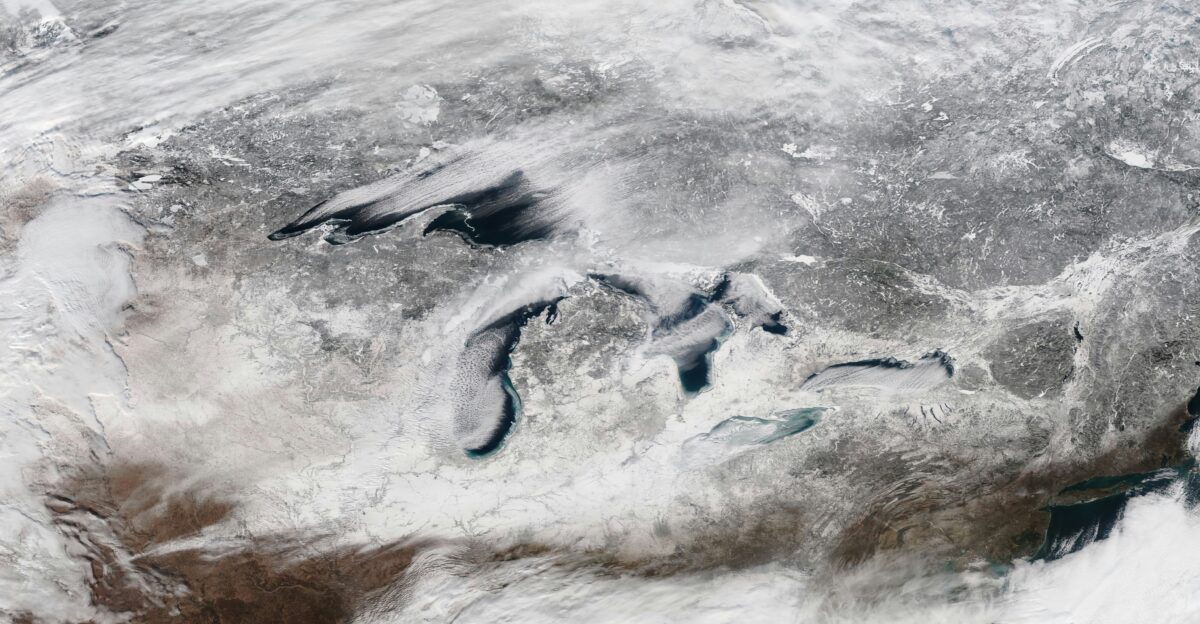 Aerial of the Great Lakes covered by snow