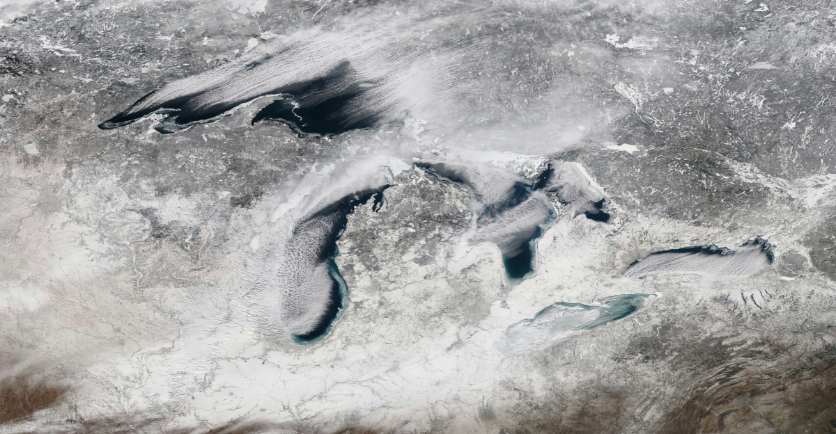 Aerial of the Great Lakes covered by snow