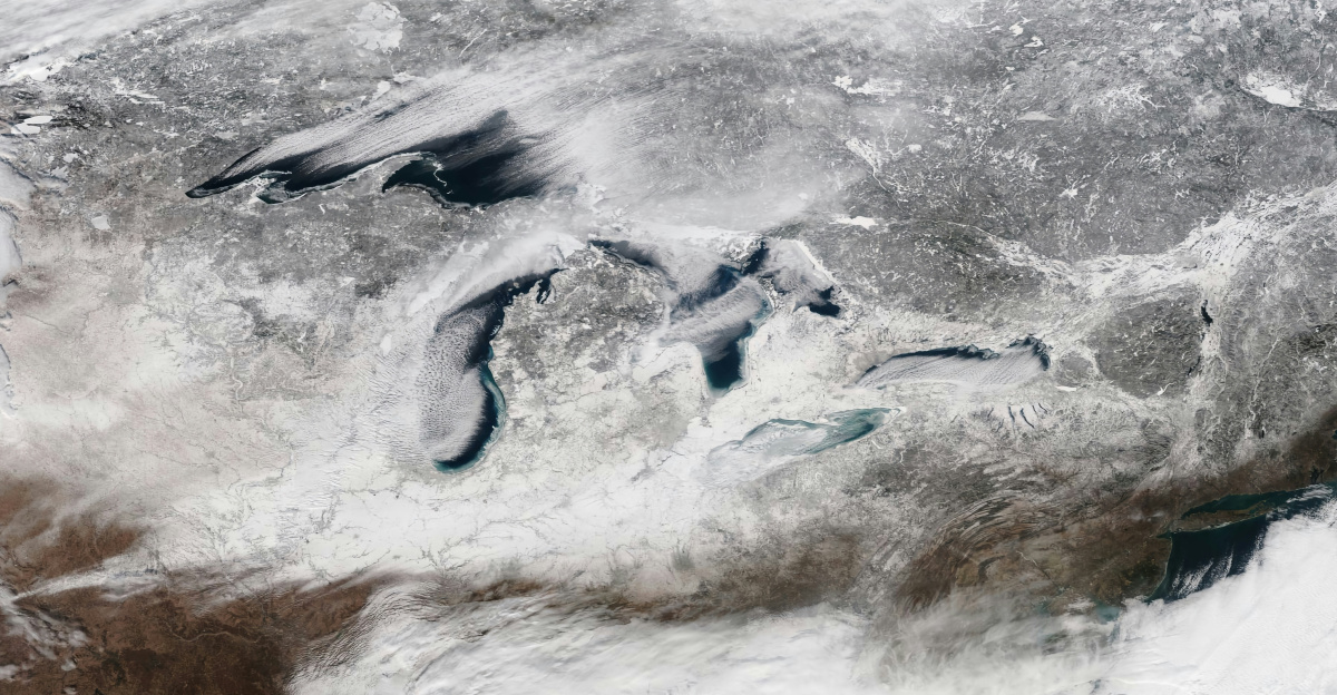 Aerial of the Great Lakes covered by snow