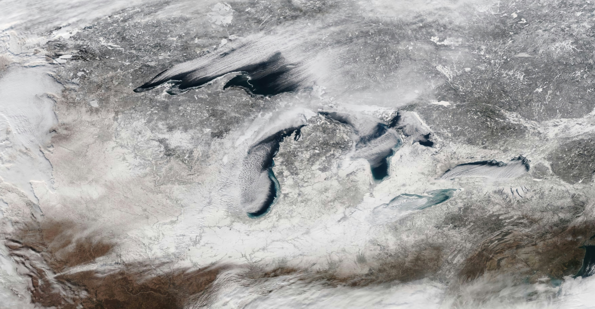Aerial of the Great Lakes covered by snow