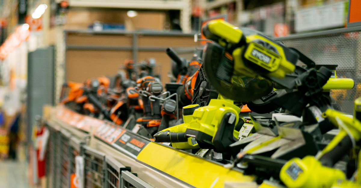 a man is walking down a store aisle