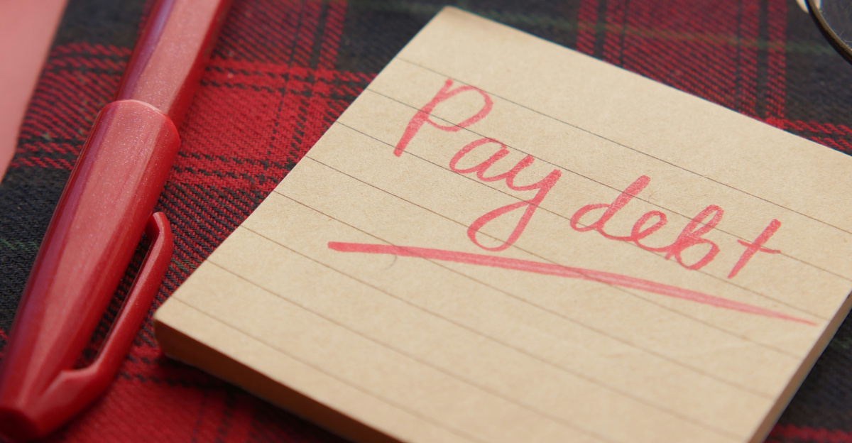 a note that says pay debt next to a pen and glasses
