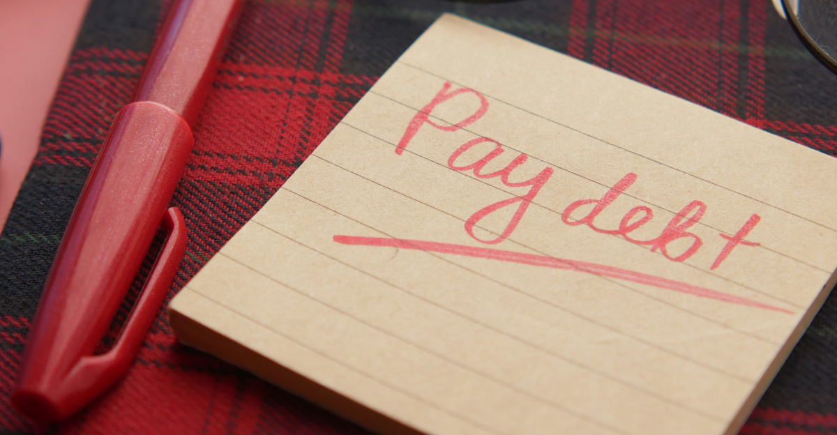 a note that says pay debt next to a pen and glasses