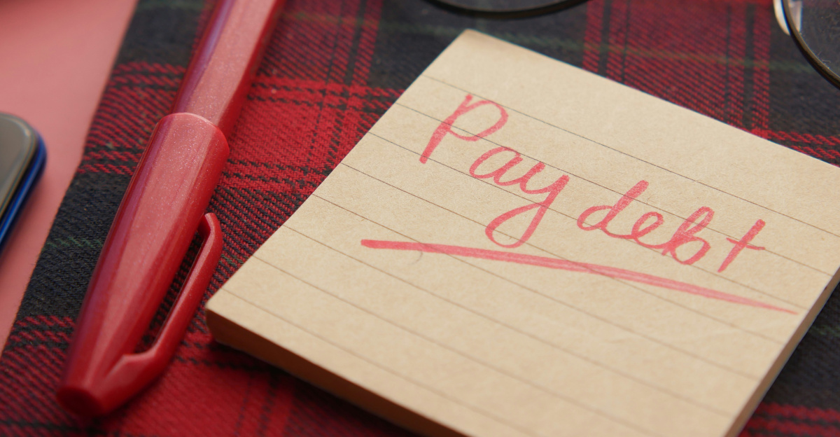 a note that says pay debt next to a pen and glasses