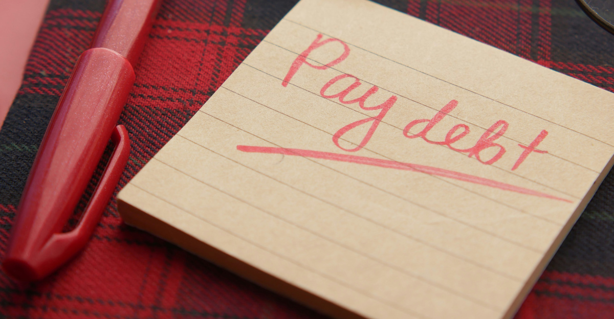 a note that says pay debt next to a pen and glasses