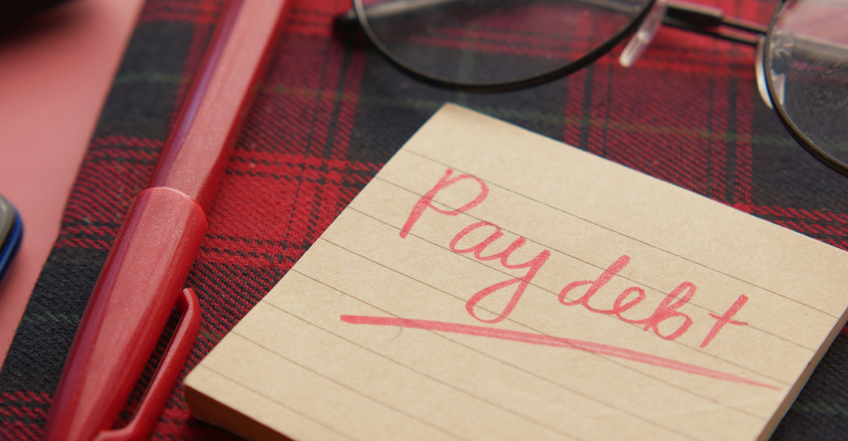 a note that says pay debt next to a pen and glasses