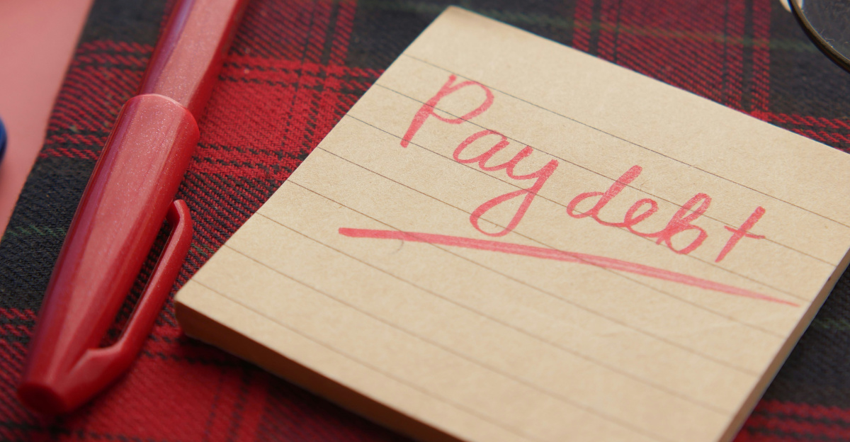a note that says pay debt next to a pen and glasses