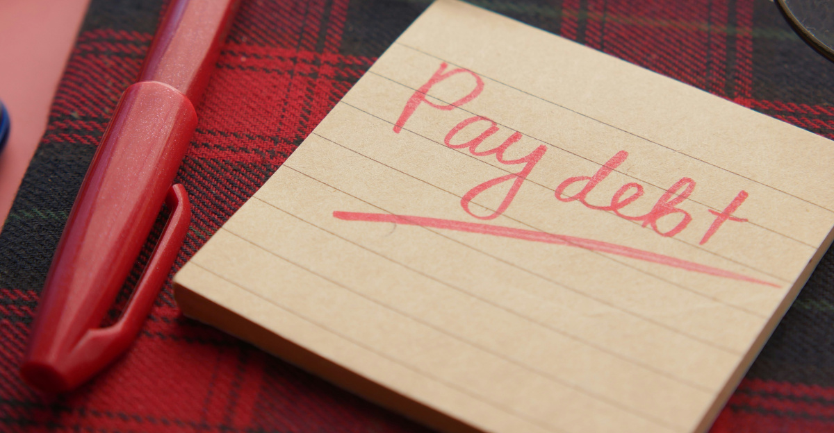 a note that says pay debt next to a pen and glasses