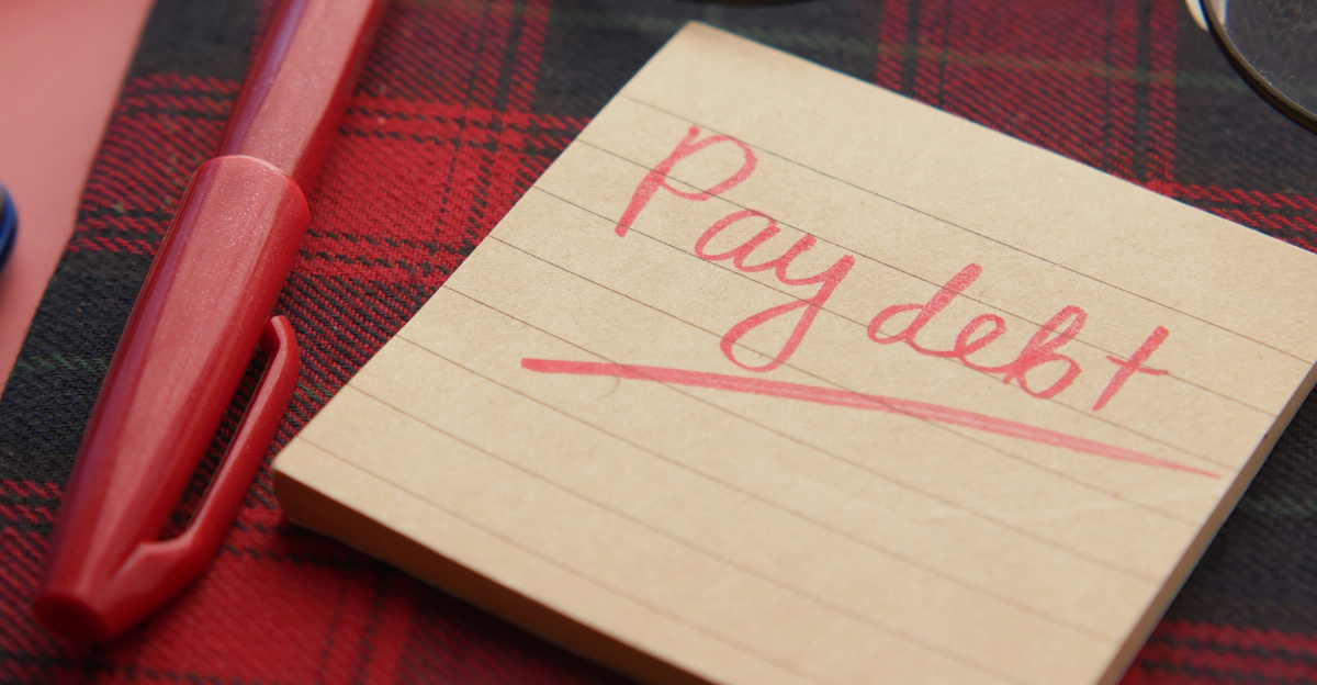 a note that says pay debt next to a pen and glasses