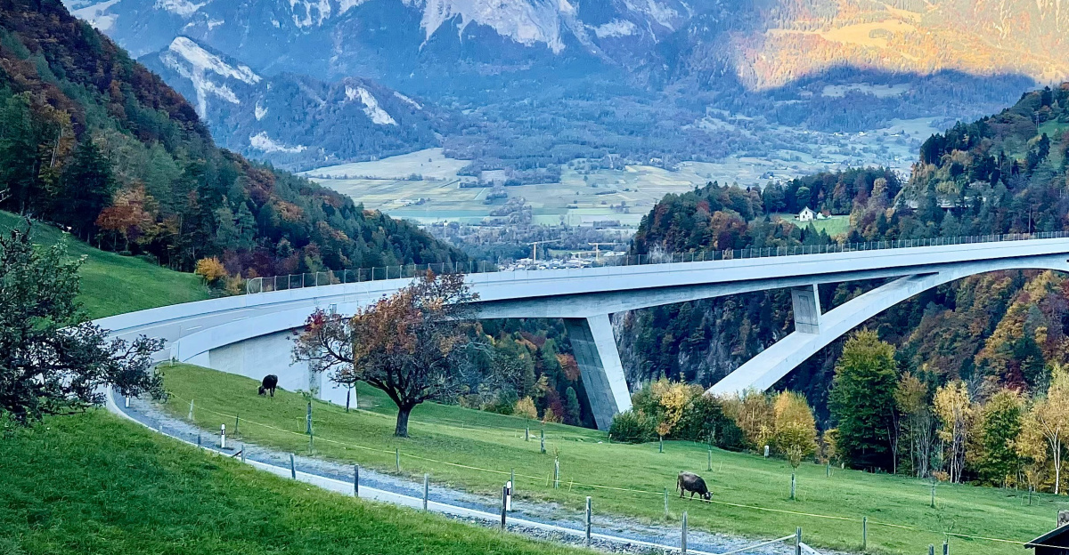 a scenic view of a bridge in the mountains