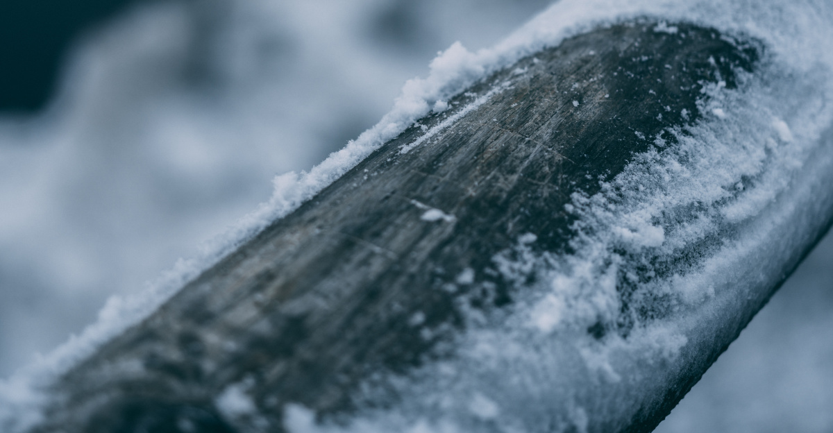 a close up of a piece of wood with snow on it