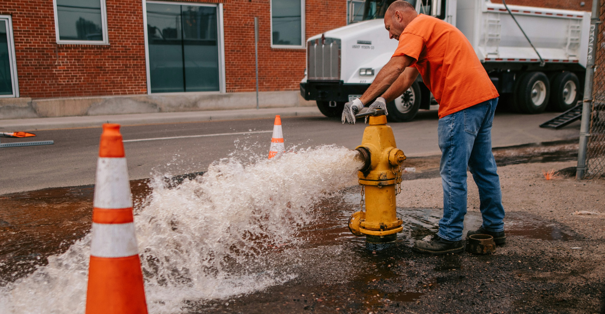 a man in an orange shirt is working on a fire hydrant