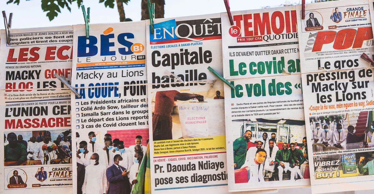 a number of newspapers on a wall with trees in the background