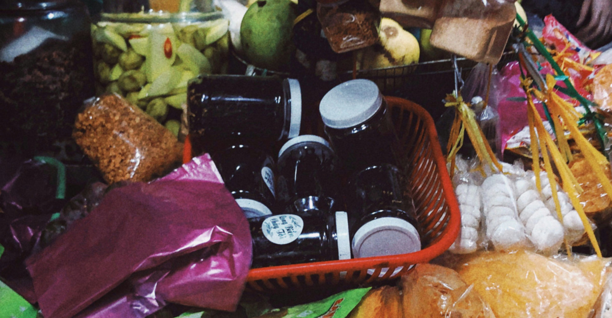 a pile of food sitting on top of a table