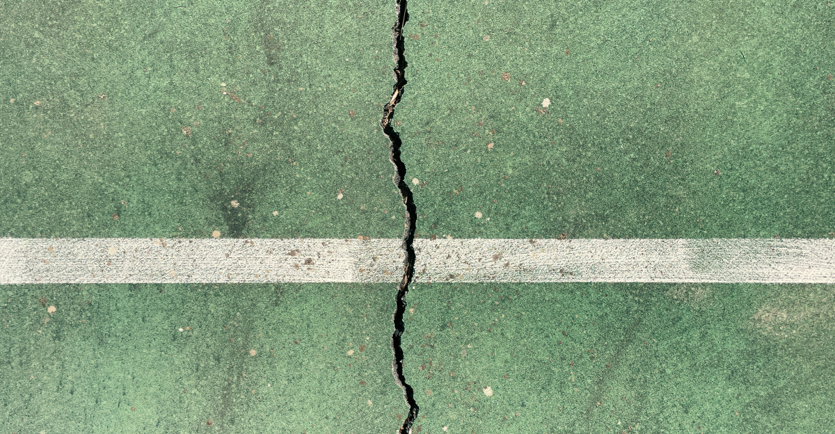 a crack in the ground with a white line going through it