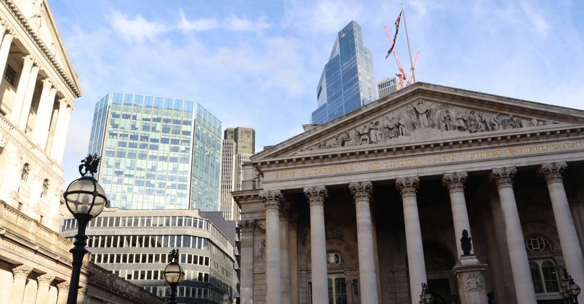 a building with columns and a flag