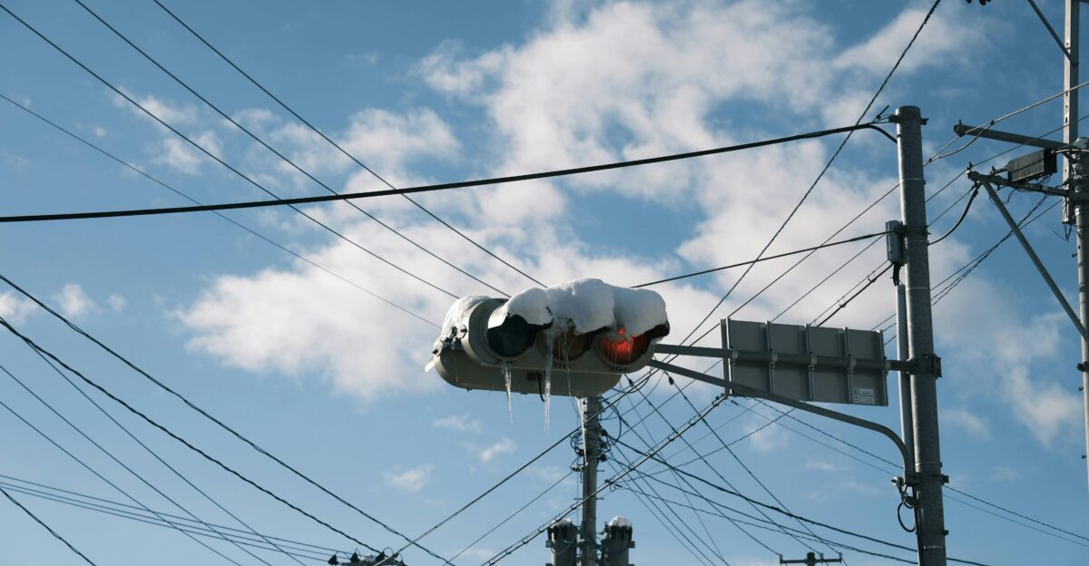 a traffic light on a pole with power lines in the background